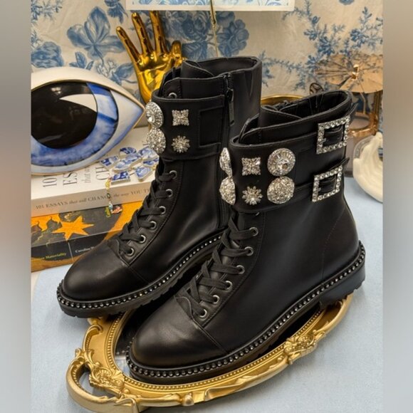 🆕 KURT GEIGER LONDON 🧿 NWOB Stoop Black Leather Combat Boot, Crystal Sz 37 US7 - Picture 8 of 15